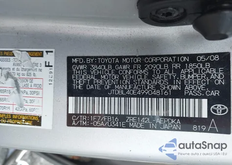 2009 Toyota Corolla Le from USA, damaged, VIN JTDBL40E499048161